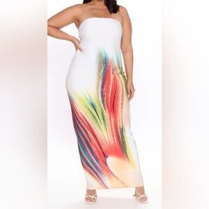Slay The Wave Maxi Dress Coral Artsy Summer Beach Vibes Curvy Size XL Strapless
